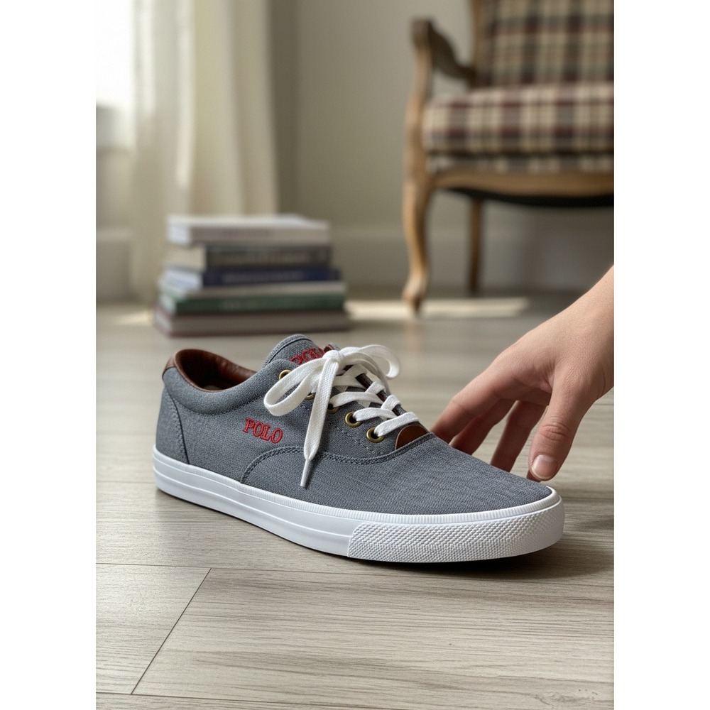 Polo Ralph Lauren Womens 8.5D Gray Chambray Sneakers Red Logo Lace Up Shoes